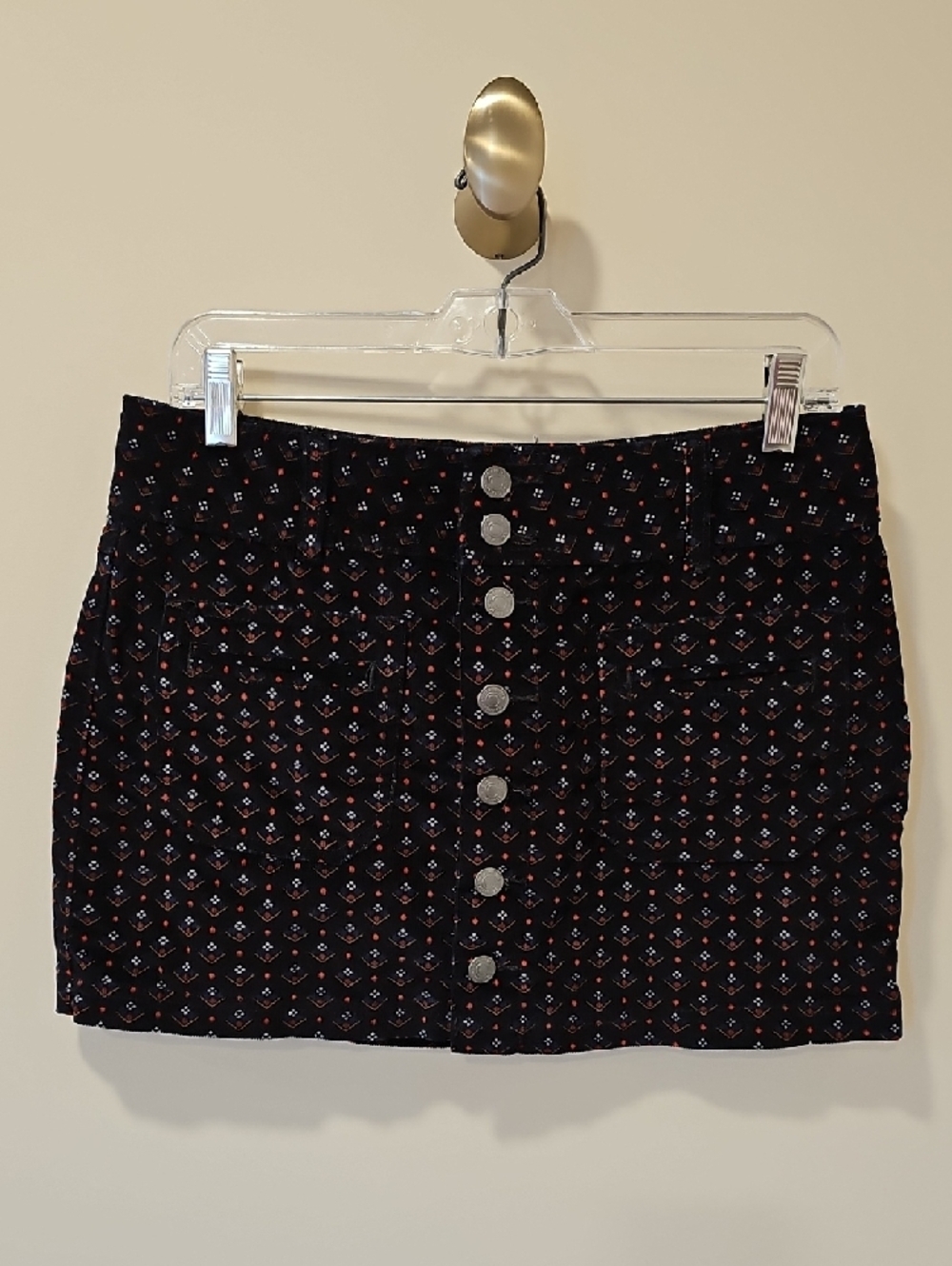 Free People Corduroy Mini Skirt with Red & Blue Dot Pattern; Size 28